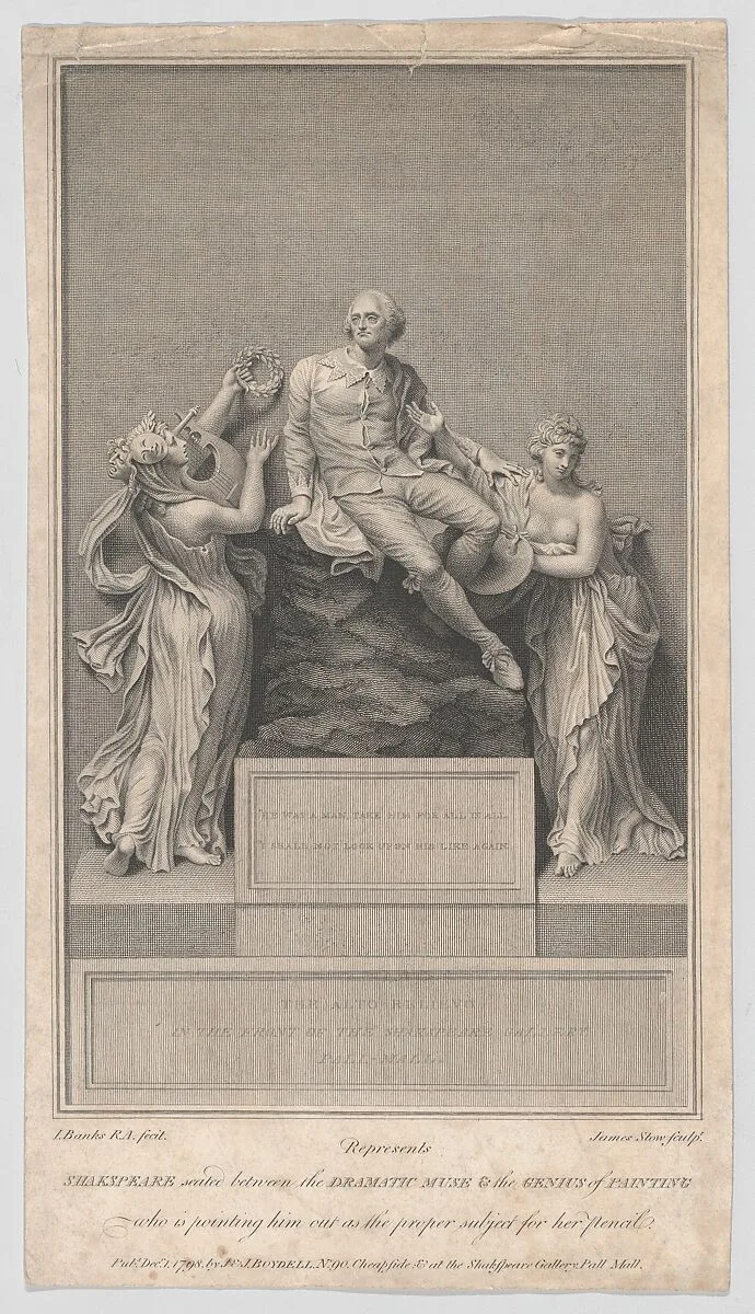 Shakespeare Seated Between the Dramatic Muse and the Genius of Painting, Who is Pointing Him Out as the Proper Subject for Her Pencil — Thomas Banks|William Shakespeare|John & Josiah Boydell|James Stow