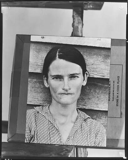 [Copy of Print of "Alabama Cotton Tenant Farmer Wife" (Allie Mae Burroughs) on Makeshift Easel]