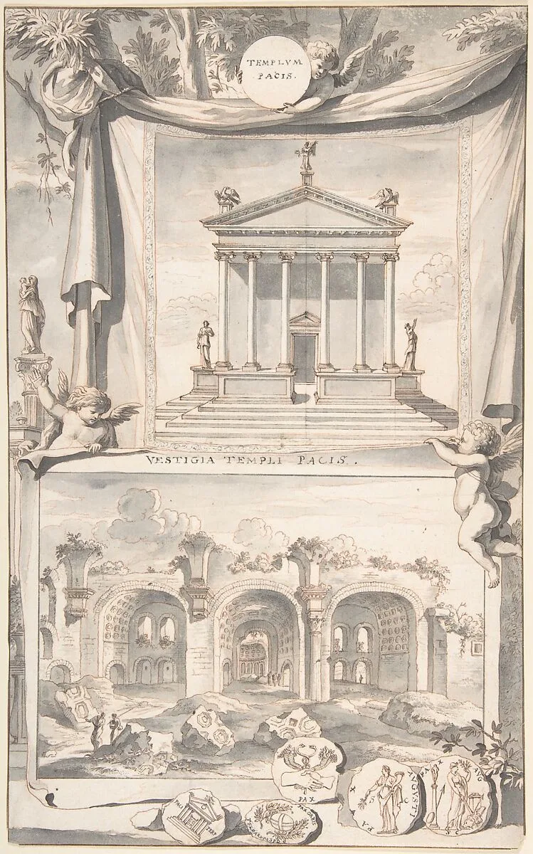 A Reconstruction of the Templum Pacis (above) and a View of the Ruins (below) — Jan Goeree