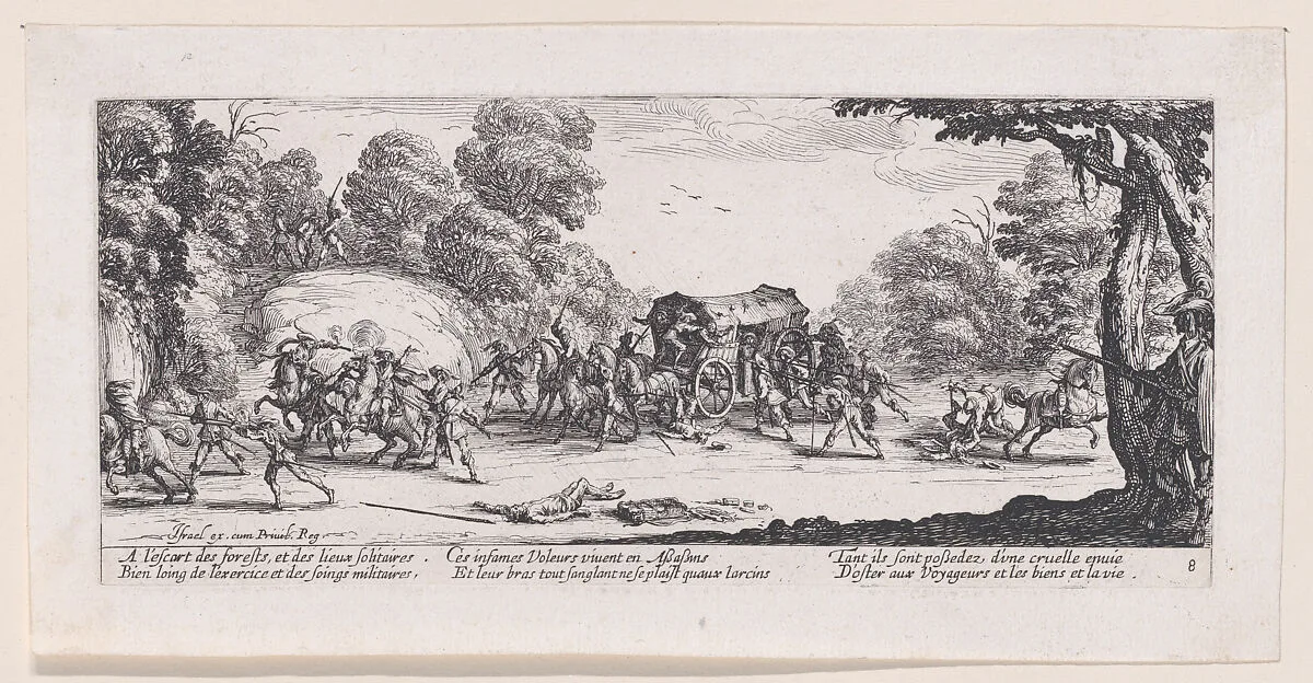L'Attaque de la Diligence (The Attack of the Stagecoach), from Les Misères et les Mal-Heures de la Guerre (The Miseries and Misfortunes of War), plate 8 — Jacques Callot|Israël Henriet