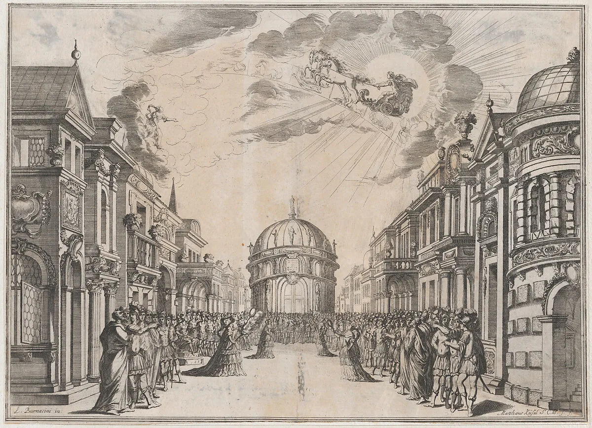 A large gathering of people in the street as a goddess races across the sky in a chariot led by four horses; set design from 'Il Fuoco Eterno' — Mathäus Küsel|Ludovico Ottaviano Burnacini