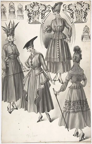 Designs for Four Women's Dresses with Full Skirts — A. Foa