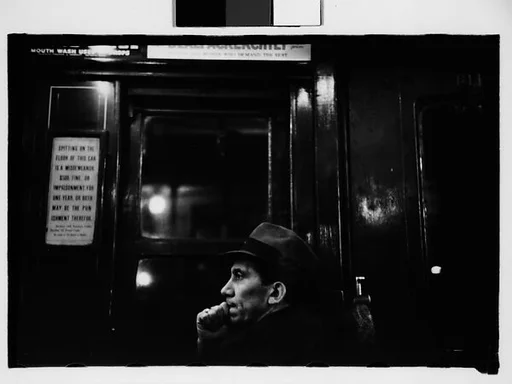 [Five 35mm Film Frames: Subway Passengers, New York City: Left Profile of Man in Hat, Man, Woman in Pillbox Hat, Two Women Wearing Feathered Hats in Conversation]