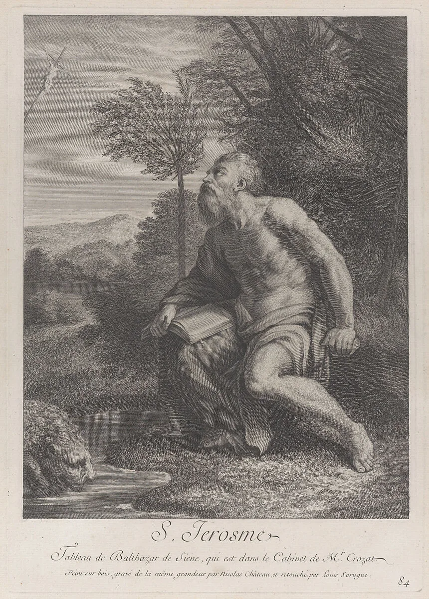 Saint Jerome seated by a tree looking up at a crucifix, a lion drinking water from a stream to his right — Baldassare Tommaso Peruzzi|Louis Surugue|Nicolas Chasteau