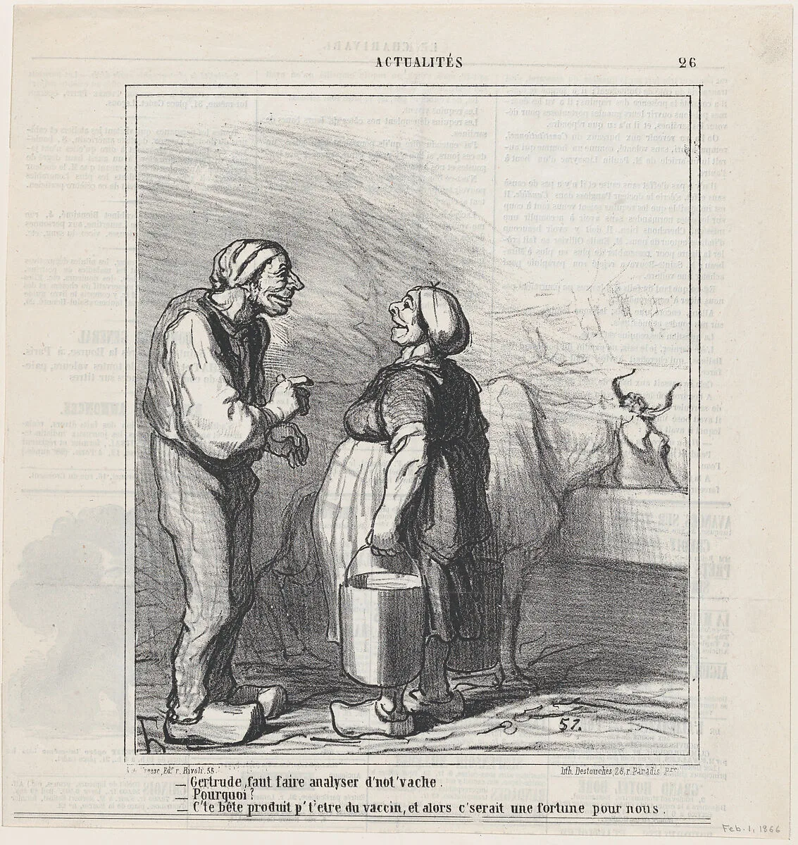 Gertrude, we need to have our cow analyzed, from 'News of the day,' published in Le Charivari, February 1, 1866 — Arnaud de Vresse|Honoré Daumier|Destouches