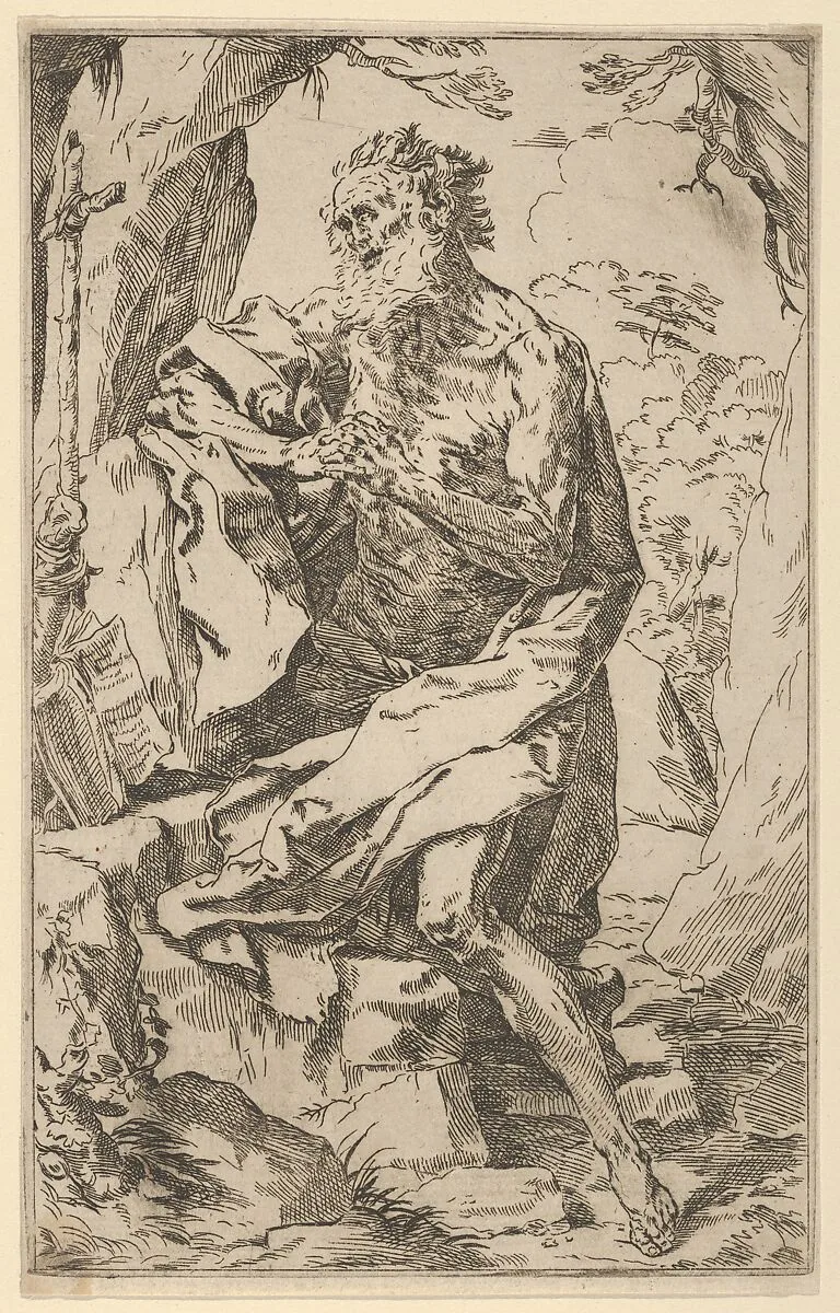Saint Jerome kneeling on a rock in front of a cross and an open book facing left, after Reni — Guido Reni|Anonymous, 17th century