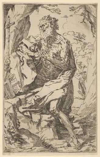 Saint Jerome kneeling on a rock in front of a cross and an open book facing left, after Reni