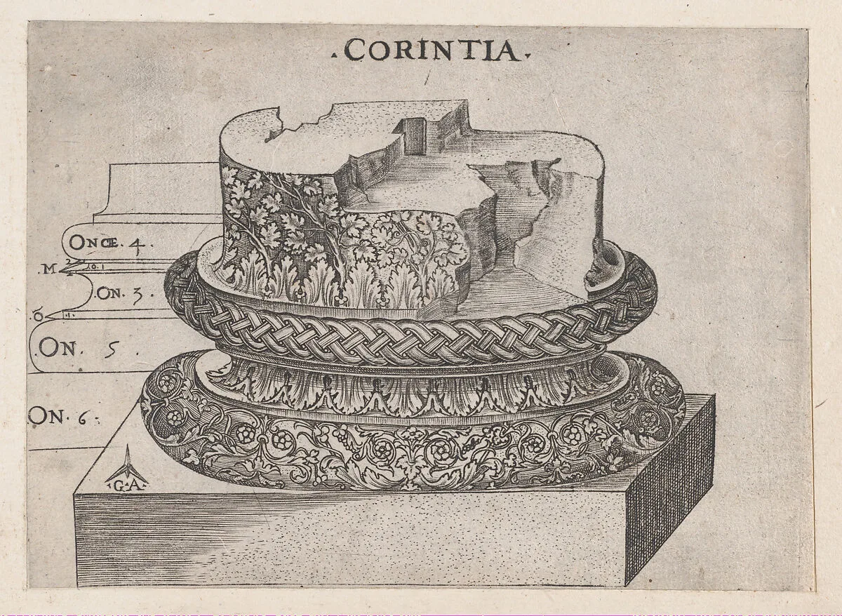 Speculum Romanae Magnificentiae: Corinthian base — Monogrammist G.A. & the Caltrop