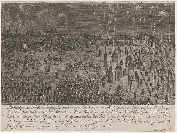 Fireworks display in Nuremburg celebrating the birth of the Archduke, heir to the Roman Empire, July 25, 1678 — Anonymous, German
