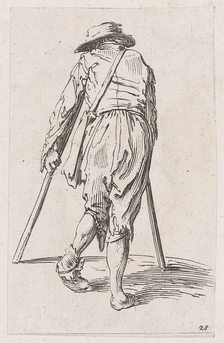 Reverse Copy Le Mendiant aux Béquilles Coiffé d'un Bonnet (The Beggar on Crutches Wearing a Bonnet), from Les Gueux suite appelée aussi Les Mendiants, Les Baroni, ou Les Barons (The Beggars, also called the Barons) — Jacques Callot|Anonymous