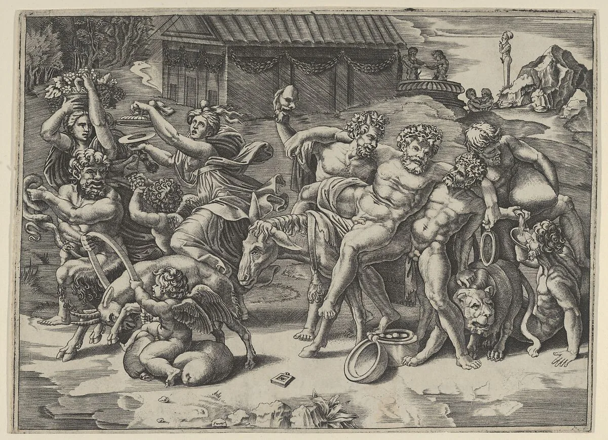 The procession of Silenus who is carried on an ass preceeded by a bacchant playing the cymbals and other figures — Agostino Veneziano (Agostino dei Musi)|Giulio Romano|Raphael (Raffaello Sanzio or Santi)