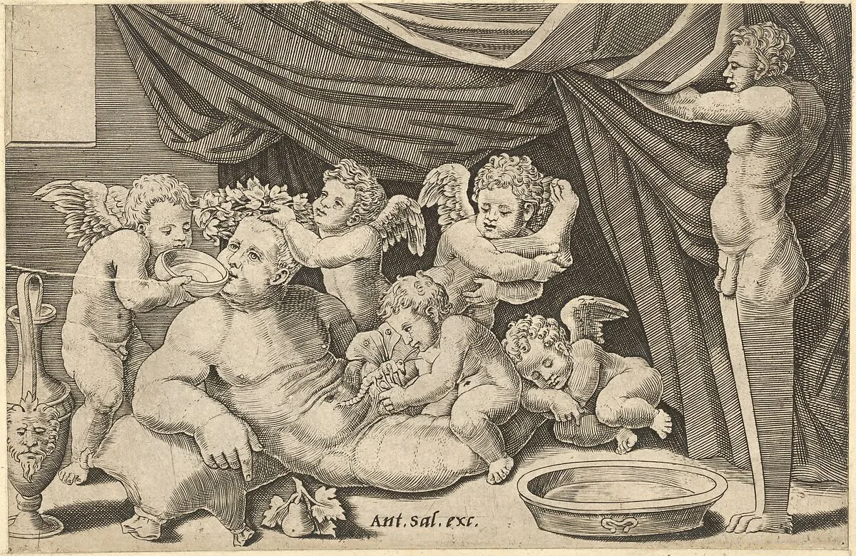 Speculum Romanae Magnificentiae: Bacchus Surrounded by Putti with Priapus holding back the curtain — Raphael (Raffaello Sanzio or Santi)|Antonio Salamanca|Master of the Die
