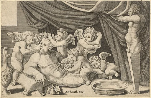 Speculum Romanae Magnificentiae: Bacchus Surrounded by Putti with Priapus holding back the curtain