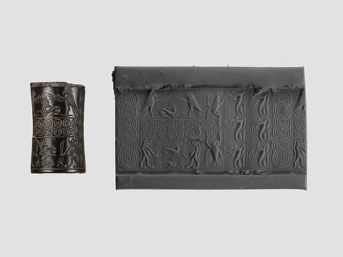 Cylinder seal and modern impression: rows of animals; falcons flanking goat, Taweret goddesses — Unknown