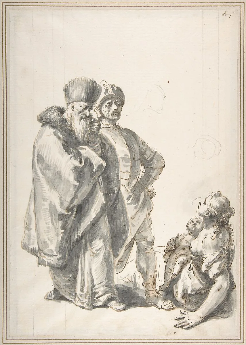Two Standing Male Figures and Seated Woman with a Child — Francesco Fontebasso