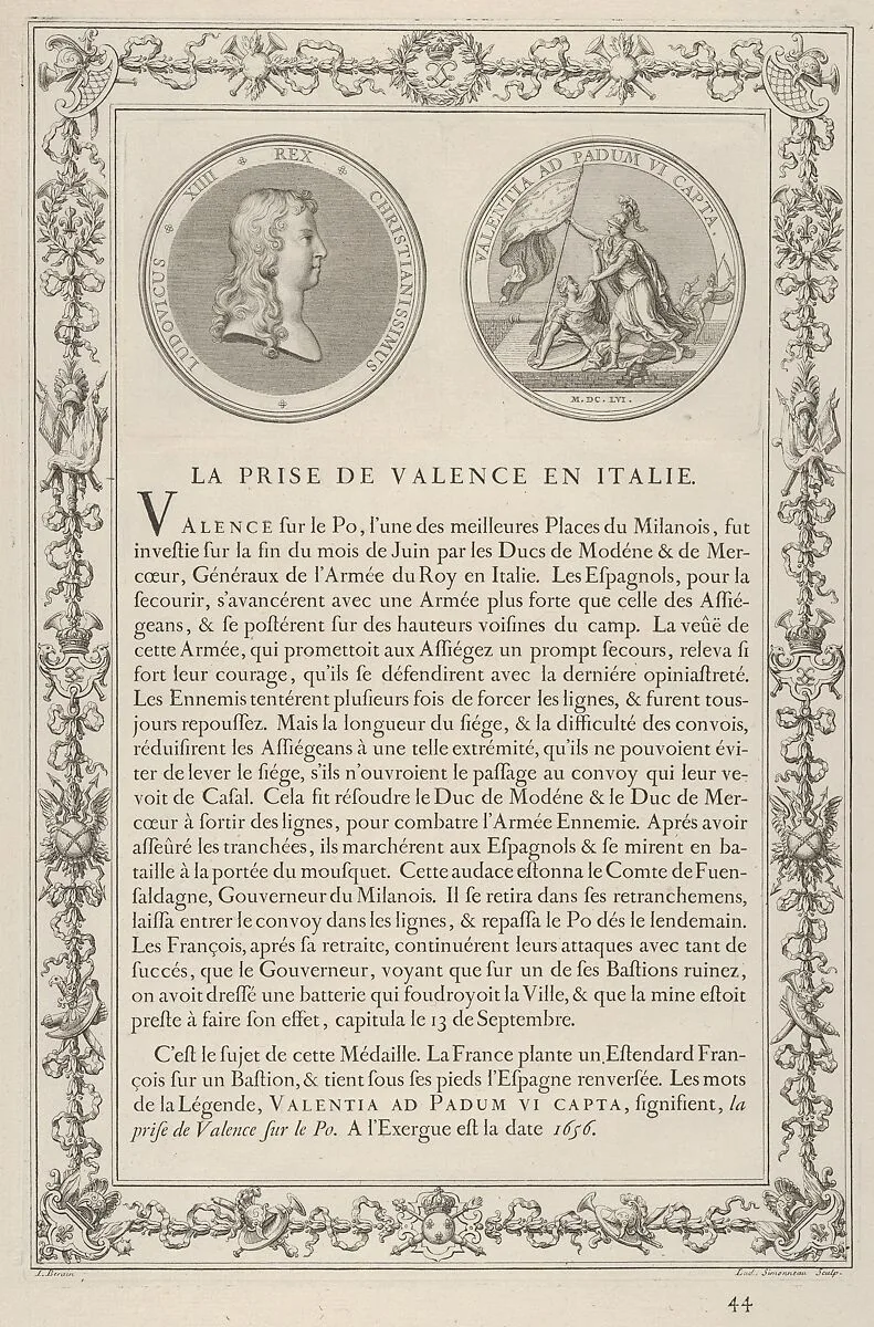 Medal commemorating the Capture of Valencia in Italy (La Prise de Valence en Italie) — Jean Mauger|Louis Simonneau|Jean Berain