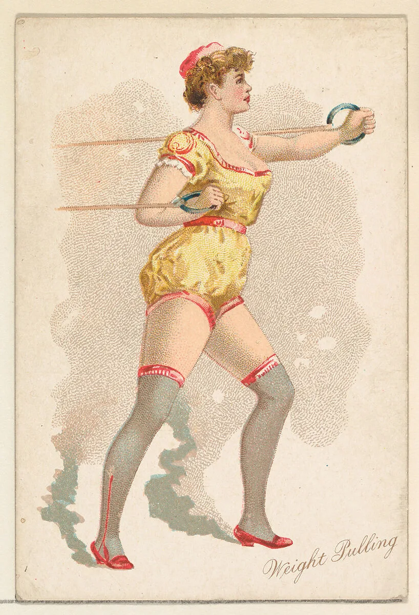 Weight Pulling, from the Pretty Athletes series (N196) issued by Wm. S. Kimball & Co. — Julius Bien & Co.|William S. Kimball & Company
