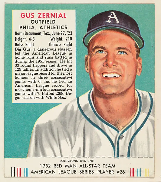 Gus Zernial, from the Red Man All-Star Team series (T232), issued by Red Man Chewing Tobacco — Red Man Chewing Tobacco