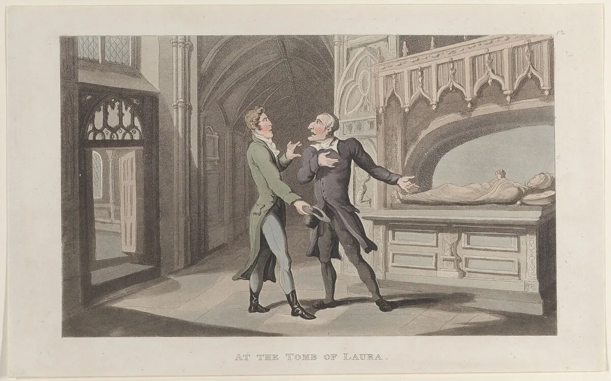 At the Tomb of Laura, from "Journal of Sentimental Travels in the Southern Provinces of France, Shortly Before the Revolution" — Rudolph Ackermann, London|William Combe|J. Diggens|Thomas Rowlandson