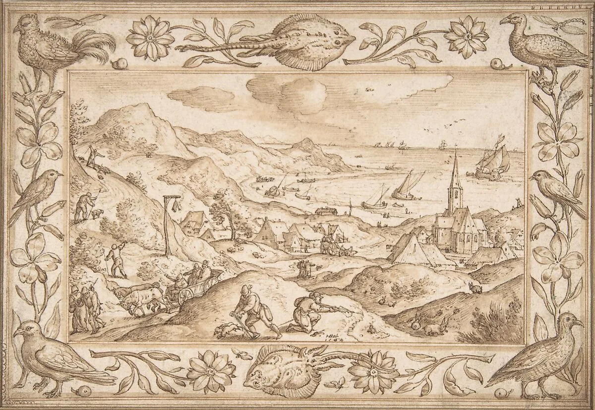 Hilly Coastal Landscape with Hunters, with an elaborate border of Fishes and Birds — Hans Bol