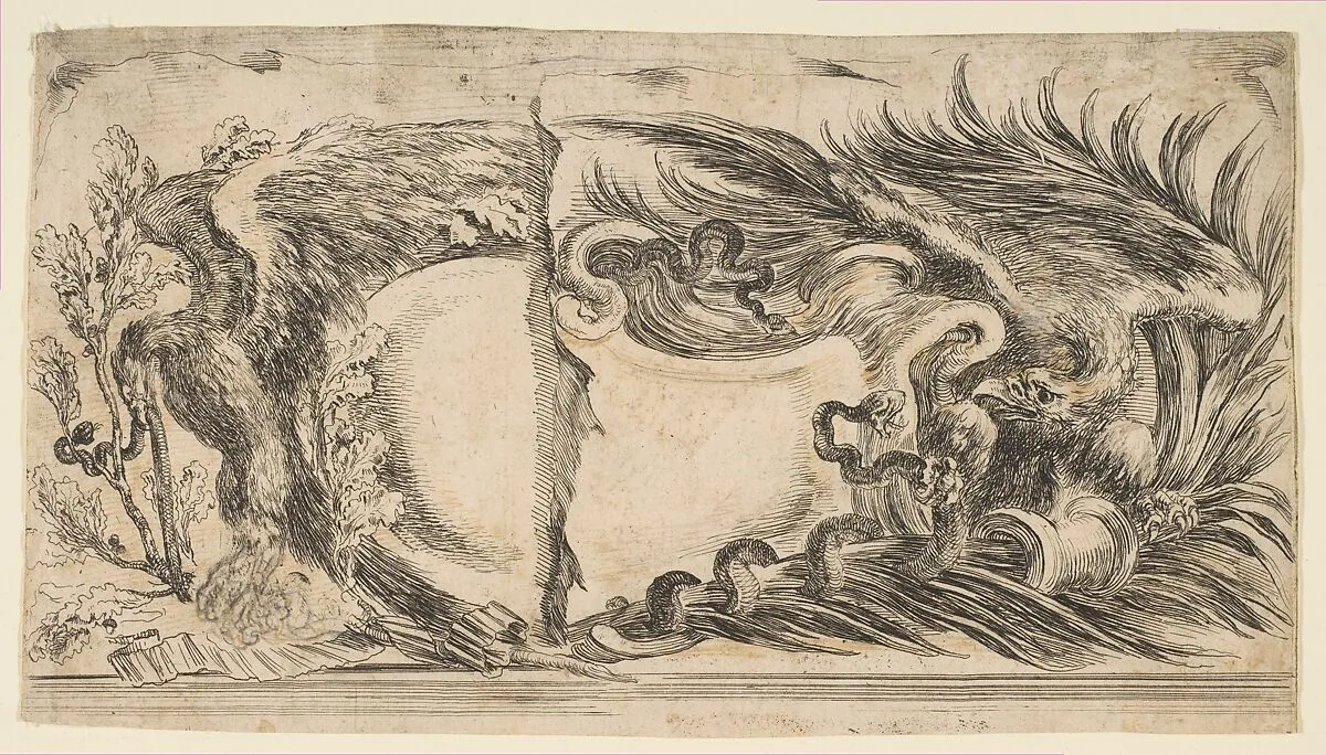 Two Different Halves of Cartouches Each Showing an Eagle Fighting a Serpent — Stefano della Bella