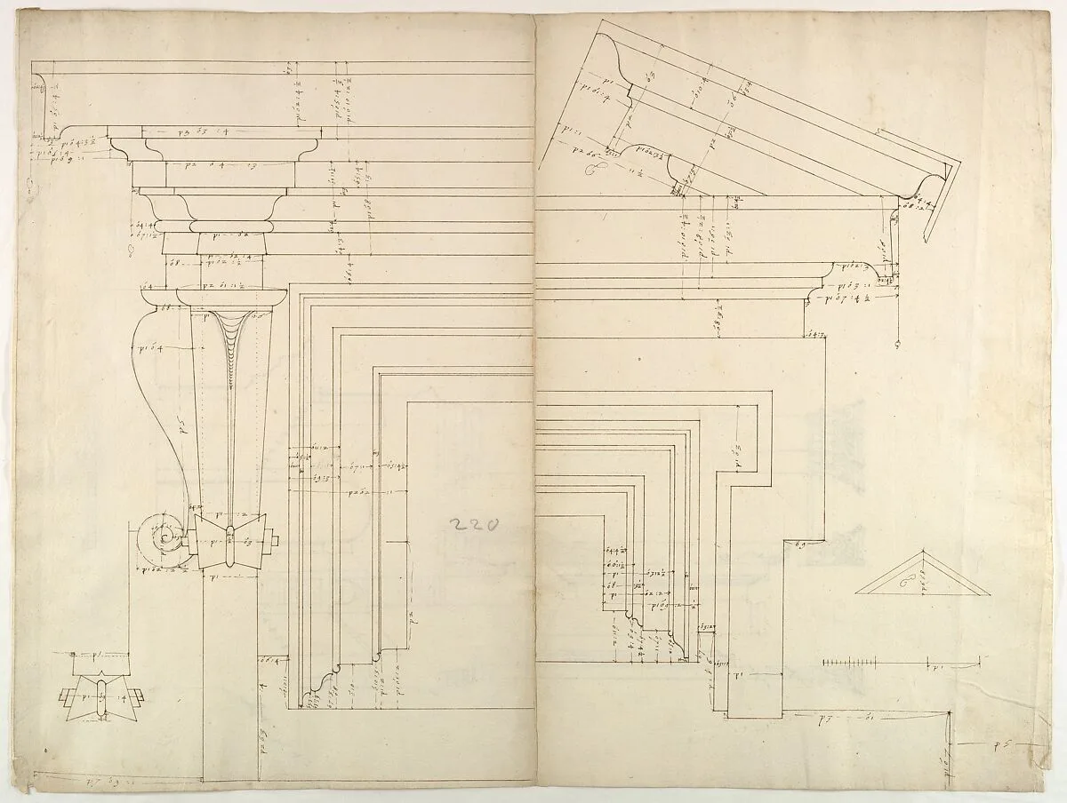 St. Peter's, drum, exterior bay, elevation with details (recto) St. Peter's, drum, section (verso) — Anonymous, French, 16th century