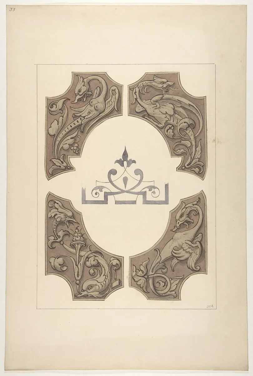 Grotesque designs featuring griffin, birds, and dolphins — Jules-Edmond-Charles Lachaise|Eugène-Pierre Gourdet