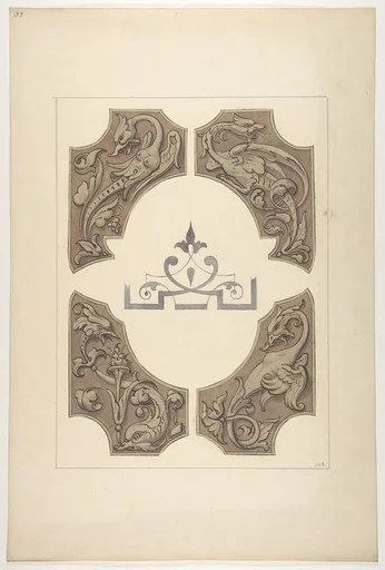 Grotesque designs featuring griffin, birds, and dolphins