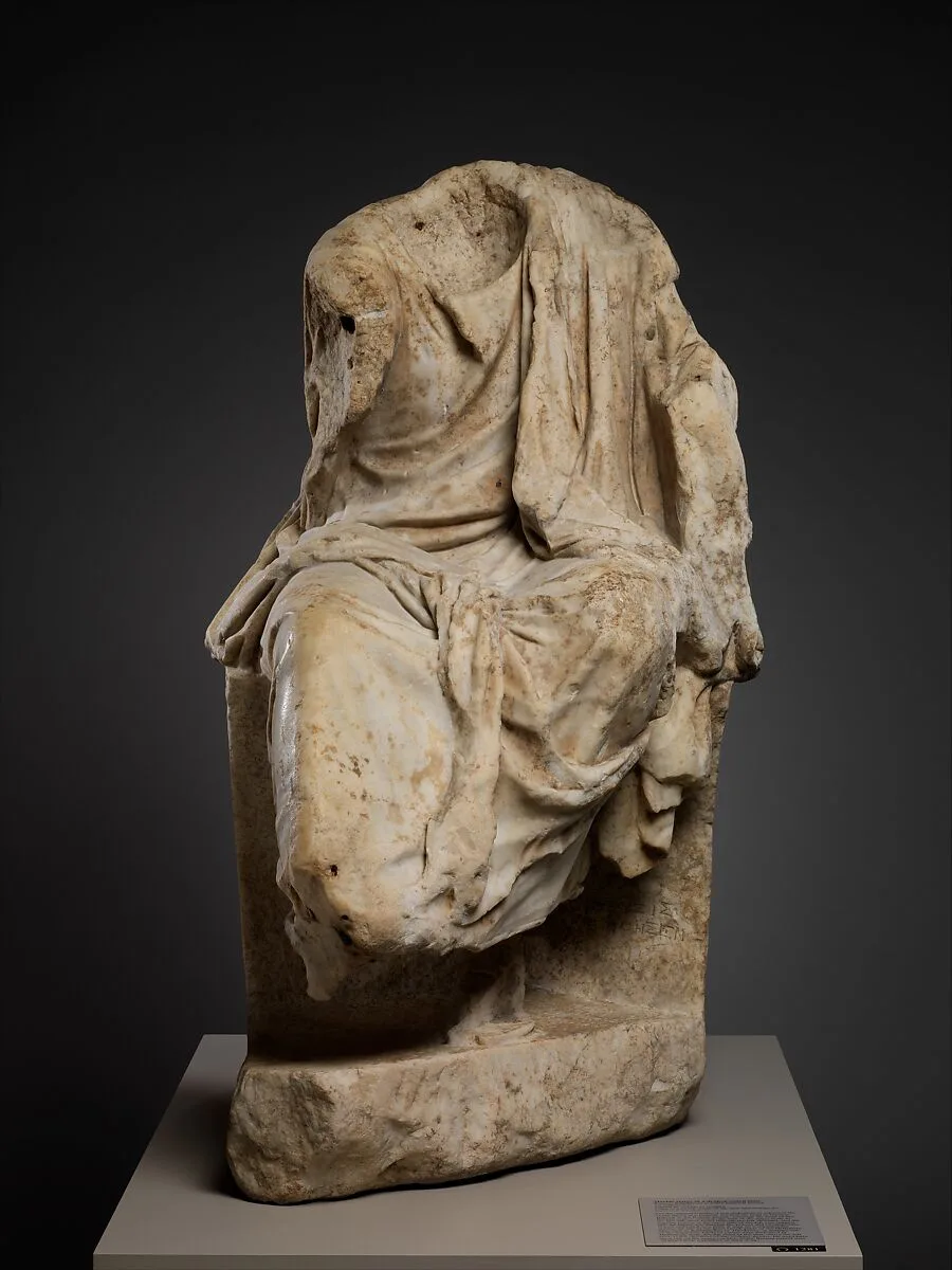 Marble statue of a draped seated man — Zeuxis