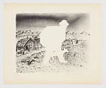 Silhouette of a man and a dog standing before a row of tents and huts: Plate 5 from the portfolio 'Arquitectura Funcional' — Francisco Dosamantes, Mexican|José Sánchez|Impresora America