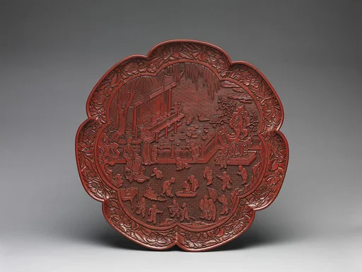 元 剔紅仕女嬰戲圖漆盤|Tray with women and boys on a garden terrace