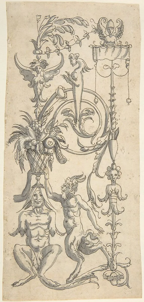 Candelabra Grotesque with a Crouched Satyr Carrying a Fruit Basket — Cornelis Bos|Anonymous, Italian, 16th century