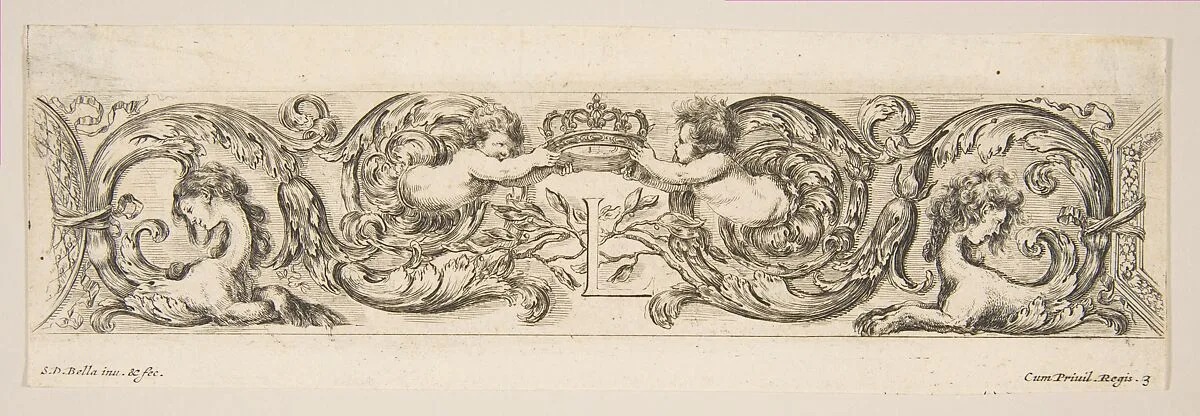 Rinceaux with Two Children Holding a Royal Crown Over the Letter "L," plate 3 from "Decorative friezes and foliage" (Ornamenti di fregi e fogliami) — Stefano della Bella
