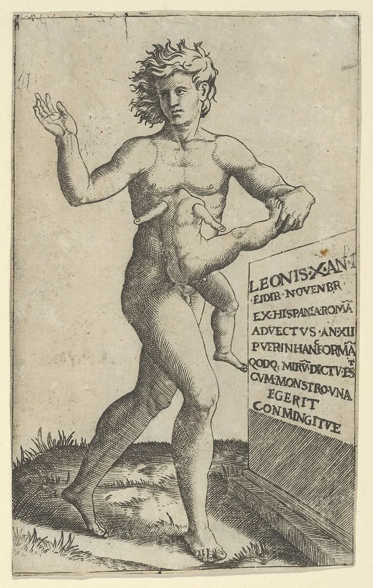 A naked youth holding in left hand a deformed child — Marcantonio Raimondi