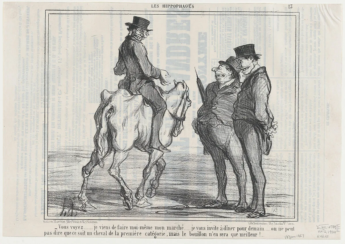 Vous voyez....je viens de faire...mon marché..., from Les Hippophages, published in Le Charivari, January 13, 1857 — Aaron Martinet|Honoré Daumier|Destouches