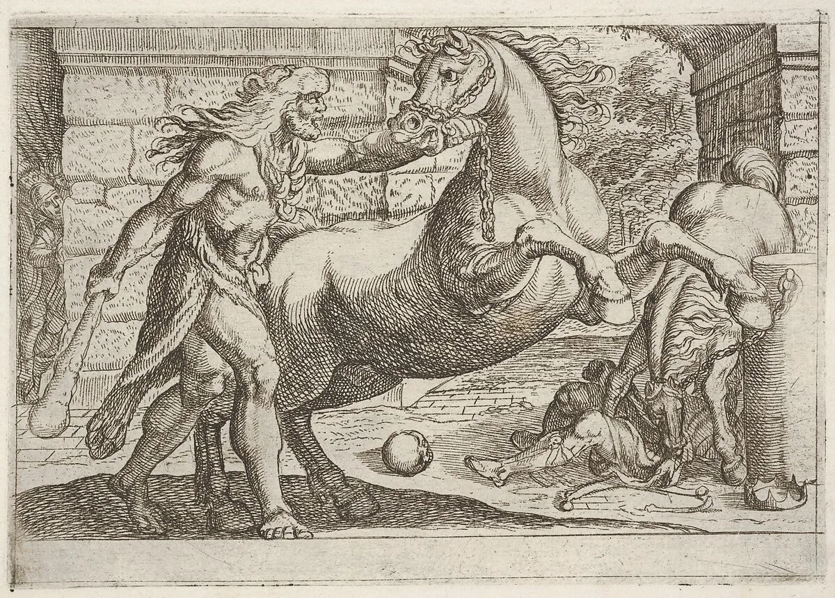 Hercules and the Mares of Diomedes: Hercules grasps the bridle of a rearing horse, a second horse tramples a figure in at right, from the series 'The Labors of Hercules' — Antonio Tempesta