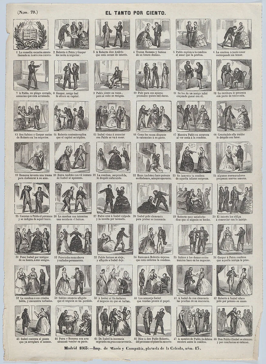 Broadside with 48 scenes relating to the comedy 'El Tanto por Ciento' — José María Marés
