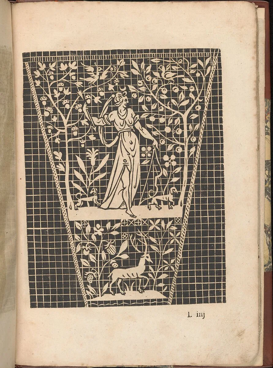 Les Secondes Oeuvres, et Subtiles Inventions De Lingerie du Seigneur Federic de Vinciolo Venitien, page 44 (recto) — Federico de Vinciolo|Jean Le Clerc|Catherine de Bourbon