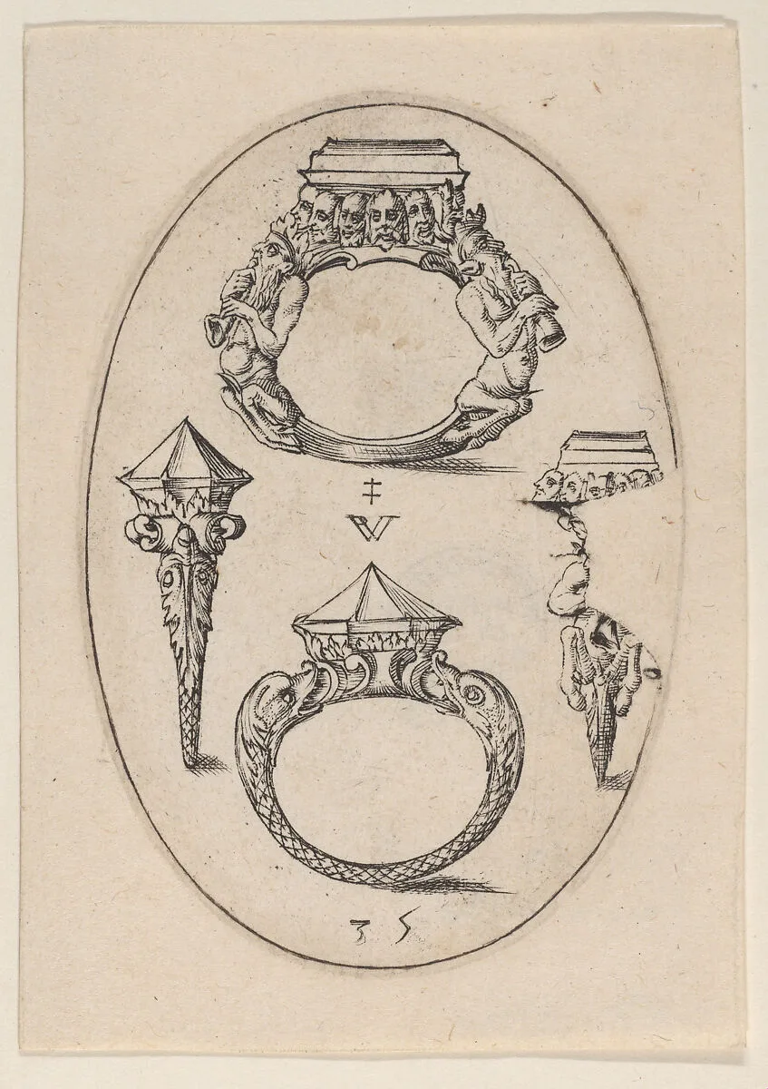 Designs for Four Rings, Plate 35 from 'Livre d'Aneaux d'Orfevrerie' — Pierre Woeiriot de Bouzey II