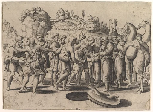 Joseph in the centre being sold by his brothers standing above a well, camels at the right