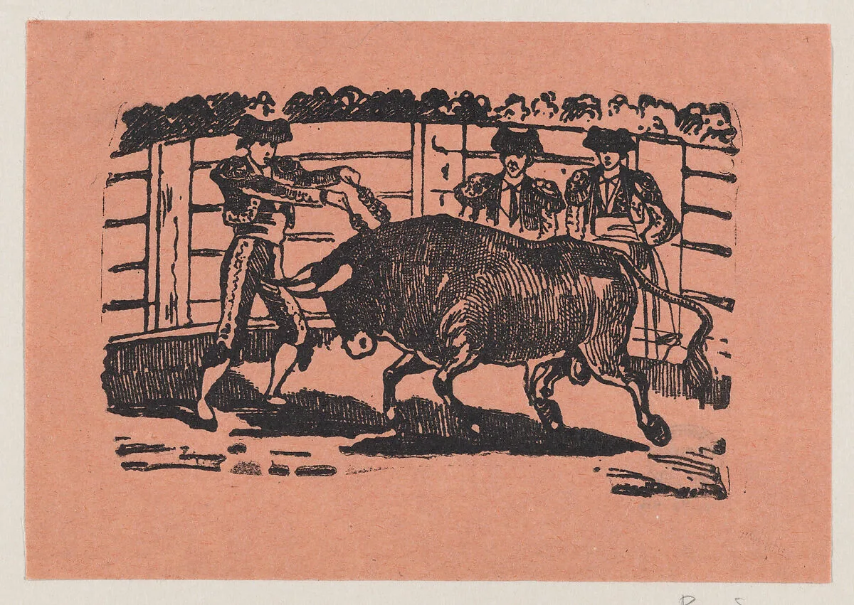 A torero placing banderillas into the bull's shoulders while two men stand behind the bull — José Guadalupe Posada