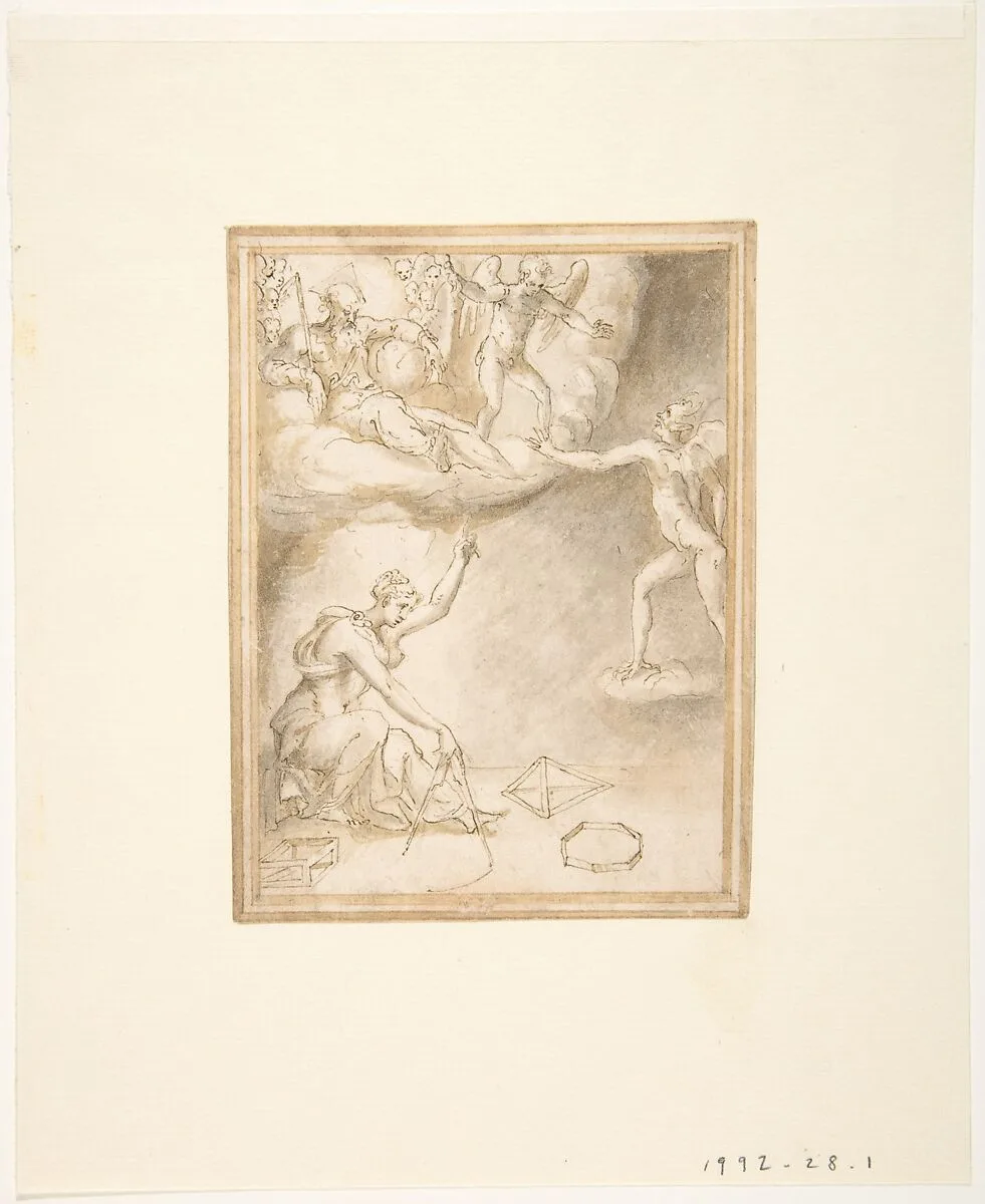 An Allegory: Female Figure with a Compass, God the Father Seated on Clouds, and a Demon — Prospero Fontana