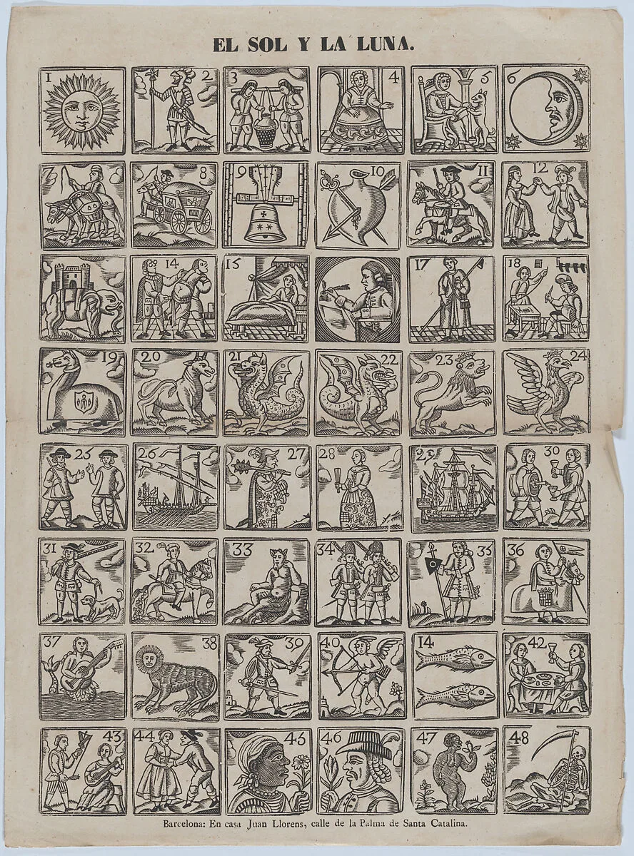 Broadside with 48 allegorical figures pertaining to the sun and the moon — Juan Llorens