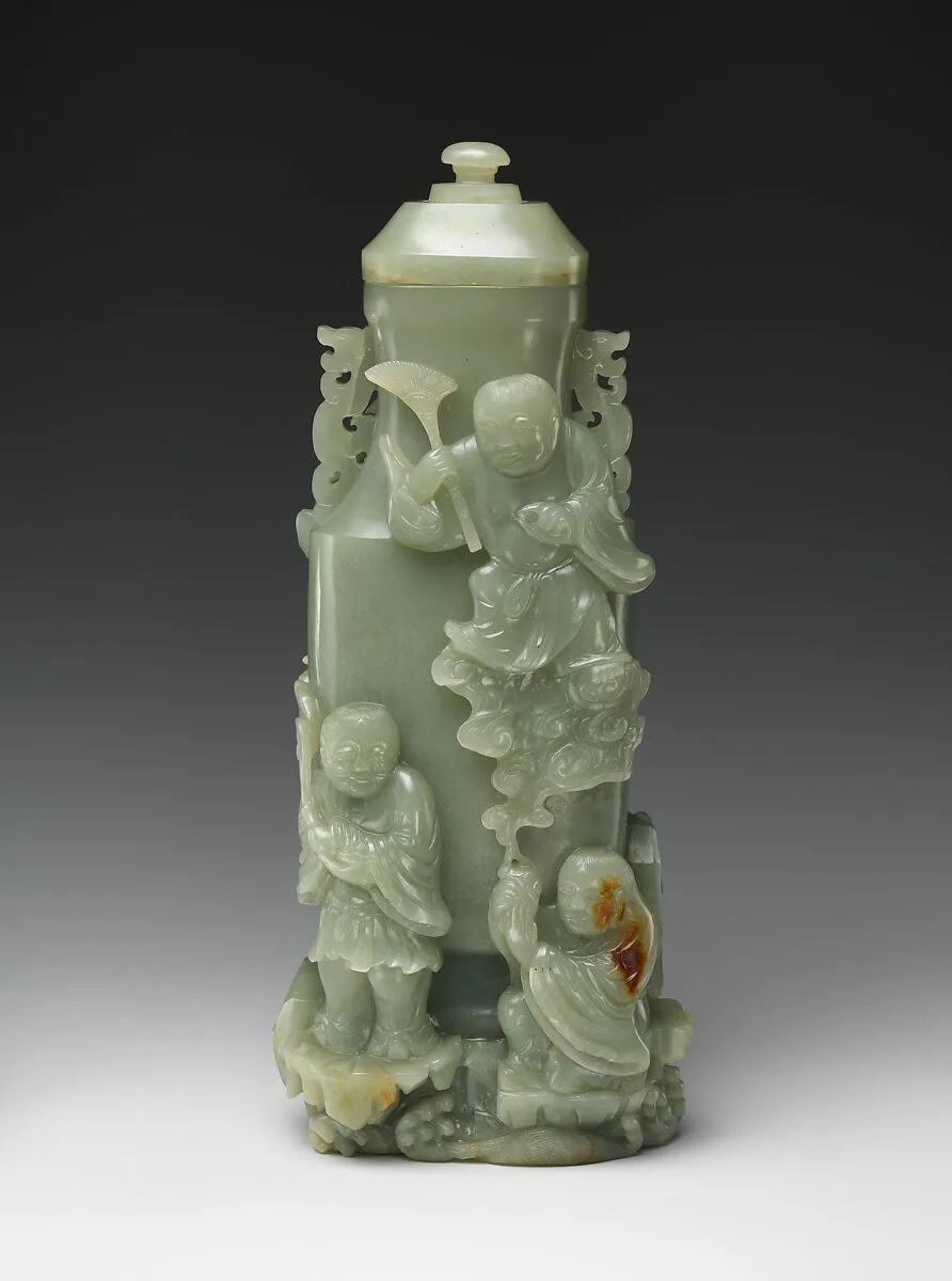 清 玉浮雕群仙瓶|Covered vase with immortals — Unknown
