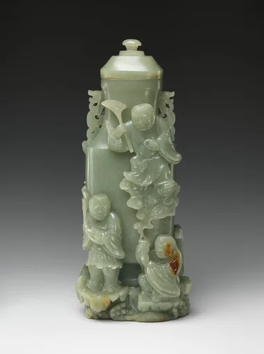 清    玉浮雕群仙瓶|Covered vase with immortals