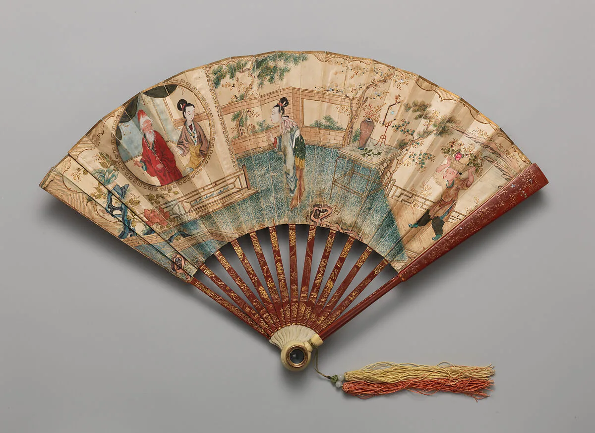 Lorgnette Fan with Scene of Figures in a Courtyard Garden — Unknown
