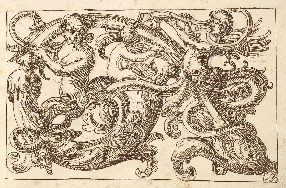 Horizontal Panel Design with Two Male Figures and a Putto Interspersed between Acanthus Rinceaux — Polifilo Giancarli|Anonymous, Italian, Venetian, 17th century