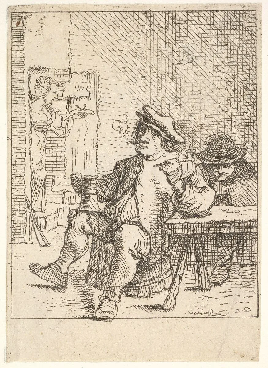 Male peasant smoking a pipe and holding a drinking cup, his left elbow resting on a table, another man seated at the table, a waitress walking through a doorway beyond, after a series of four prints showing peasants by David Teniers the Younger — David Teniers the Younger