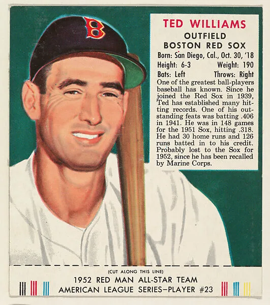 Ted Williams, from the Red Man All-Star Team series (T232), issued by Red Man Chewing Tobacco — Red Man Chewing Tobacco
