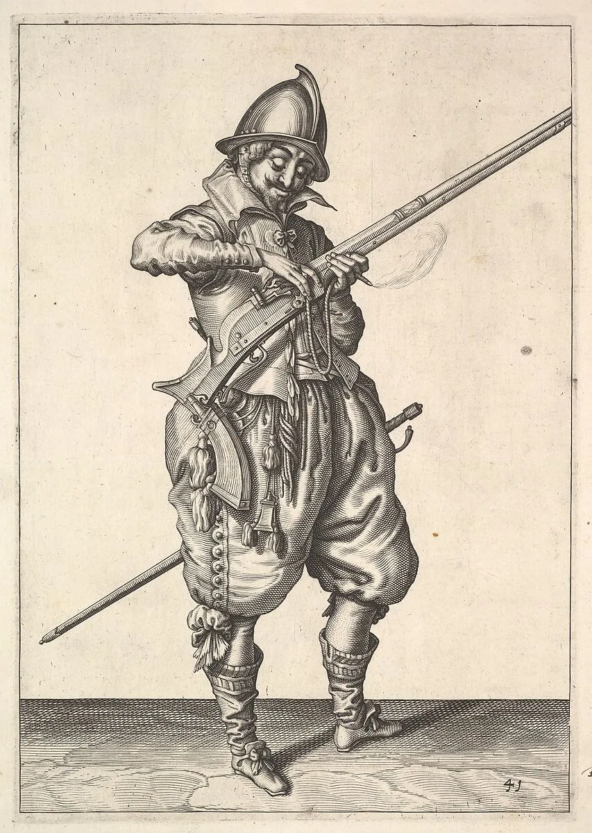 A soldier on guard shaping the match between his thumb and his forefinger, from the Marksmen series, plate 41, in Wapenhandelinghe van Roers Musquetten Ende Spiessen (The Exercise of Arms) — Jacques de Gheyn II|Jacques de Gheyn II